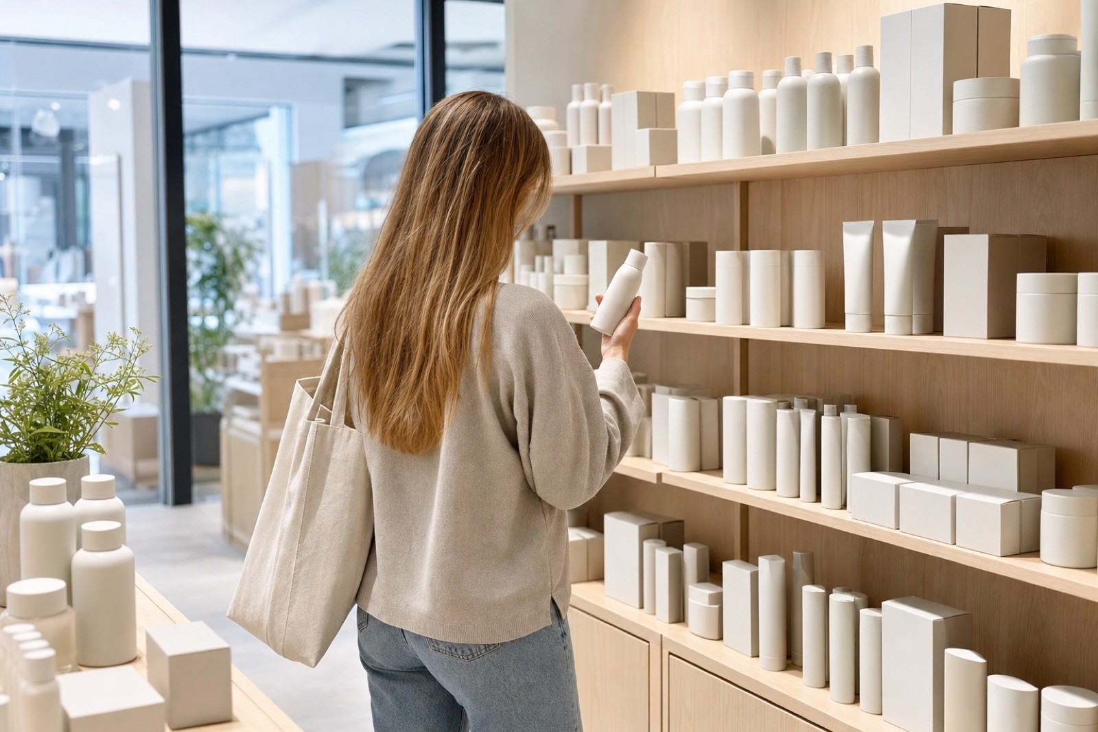 A shopper examines a skincare product in a bright Northern European beauty store with unbranded packaging on pale wood shelves