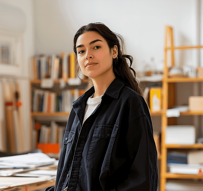 A woman stands in front of a tall bookshelf filled with various books, smiling and looking towards the camera.