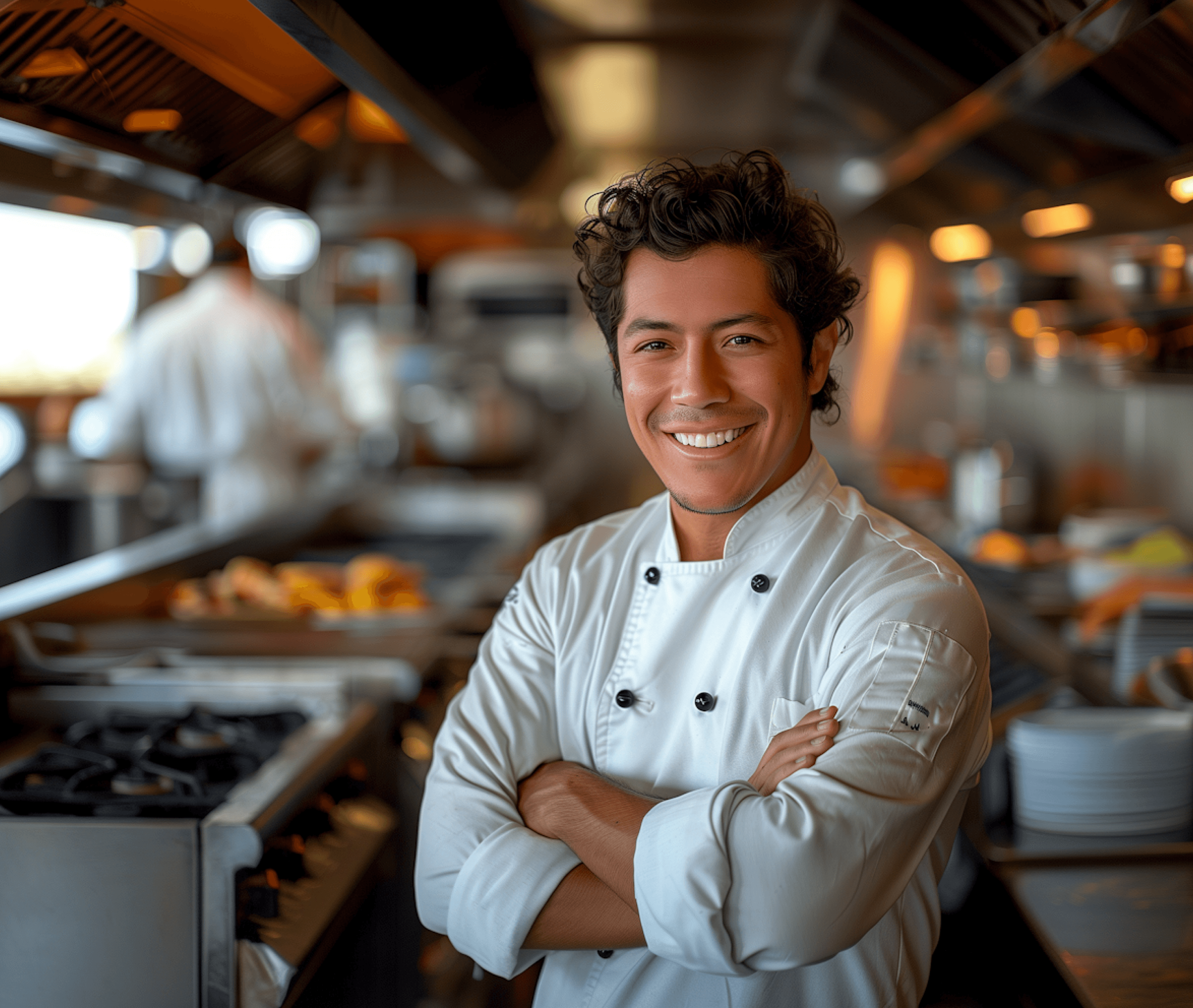 Smiling chef in a busy kitchen with cooking equipment in the background.