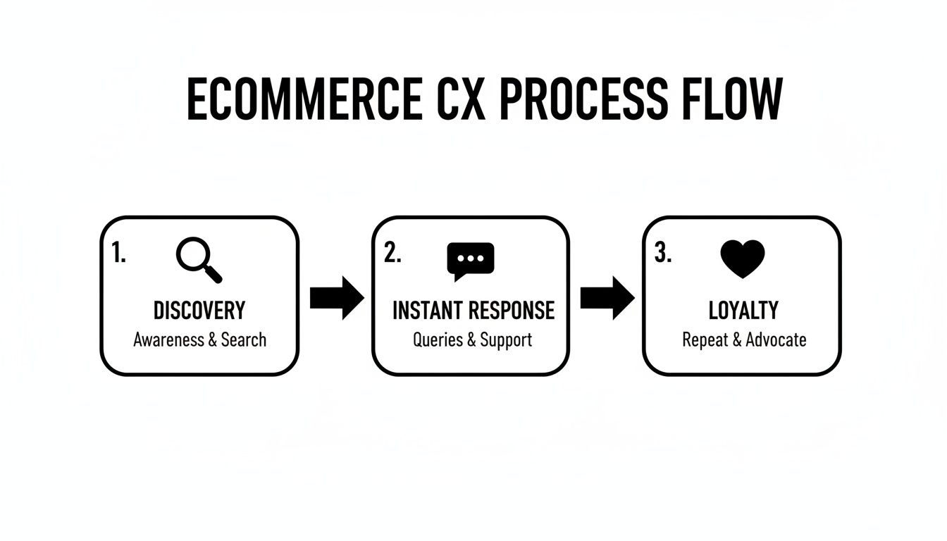 Flowchart illustrating the three key steps of an e-commerce customer experience: Discovery, Instant Response, Loyalty.