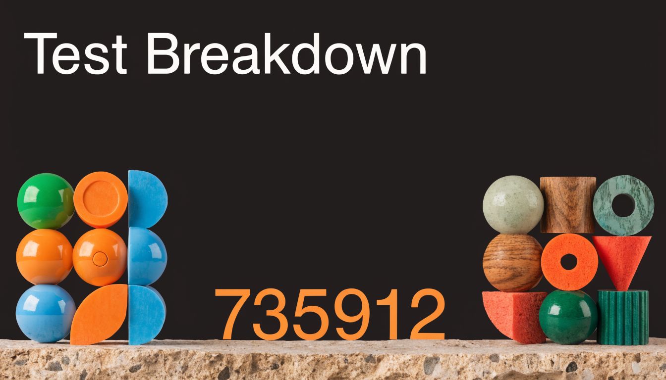 Geometric and spherical shapes are arranged on a stone ledge beneath the text Test Breakdown and numbers.