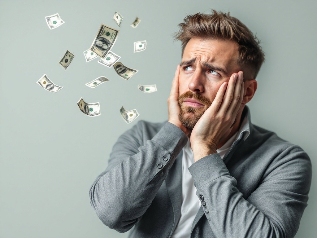 A man is looking up at money falling from the sky, looking stressed and concerned.