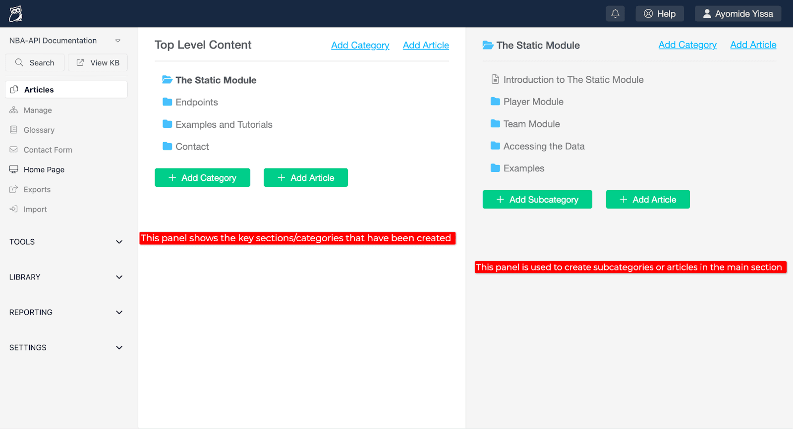A screenshot of "Top Level Content" categories in KnowledgeOwl.