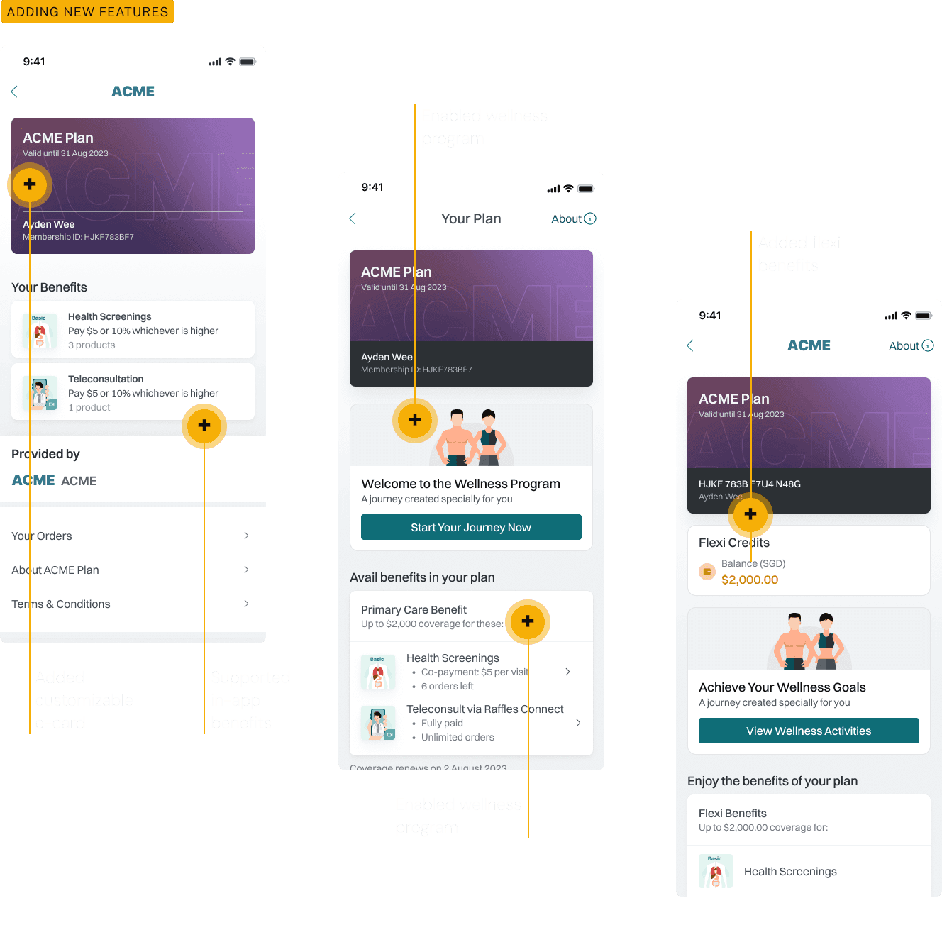 Screenshots of mobile app interfaces showing the process of CSV file uploads for membership invitations, alongside welcome messages sent via email and SMS to new members.