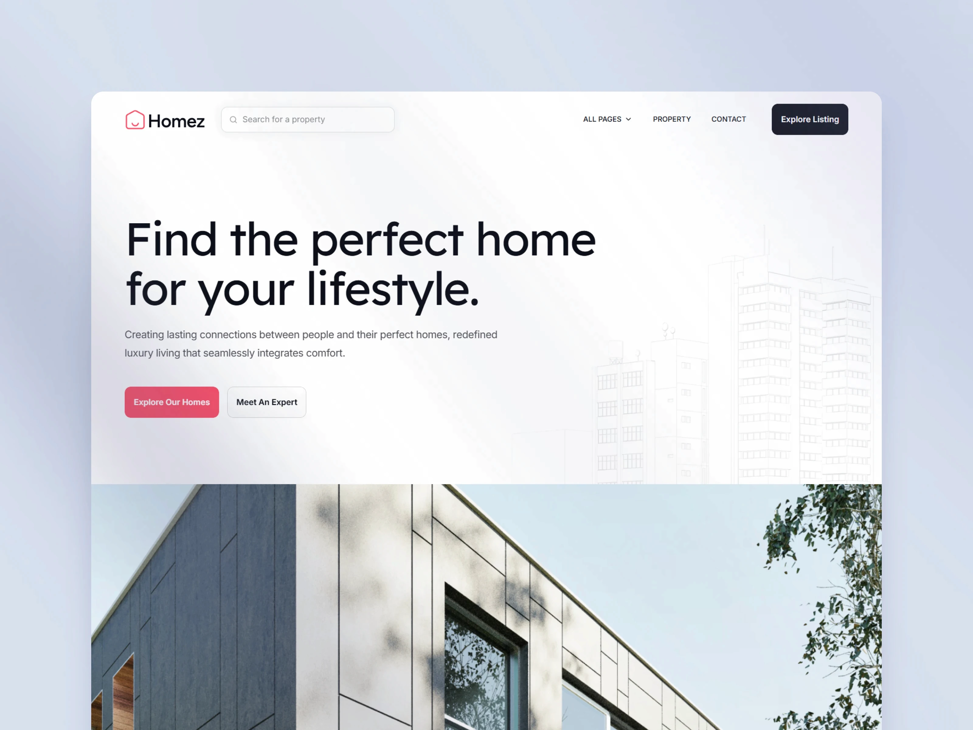 Homez real estate website template featuring a modern gray building facade and search bar.