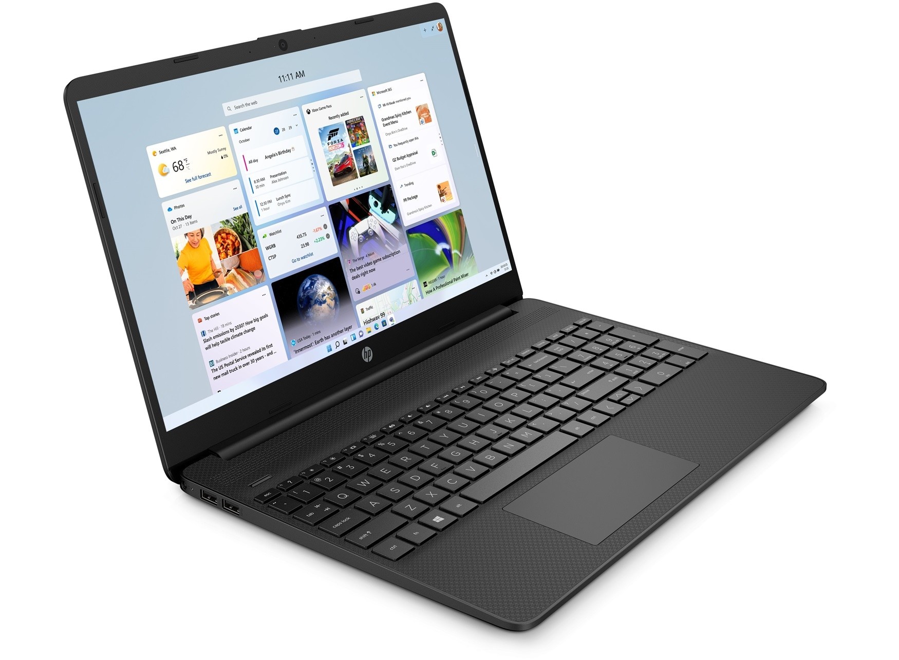 HP laptop with a vibrant display of interactive widgets, highlighting the use of 3D product rendering.