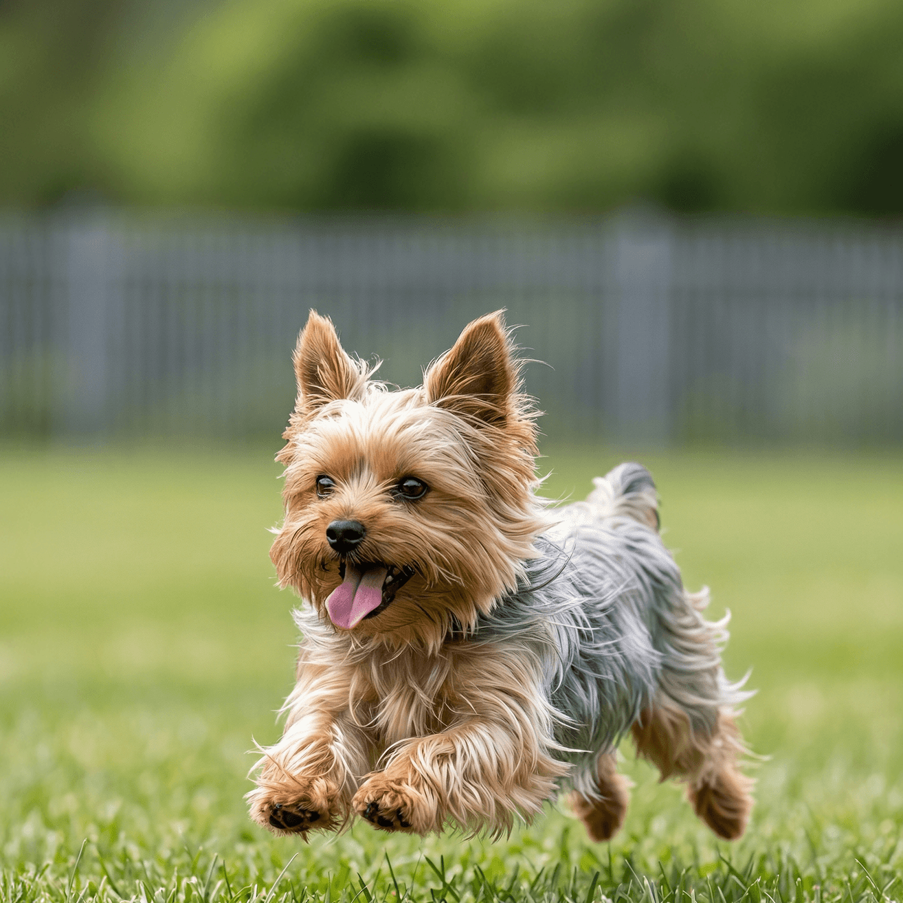 Small dog running outdoors with tongue out, indicating hydration and active energy