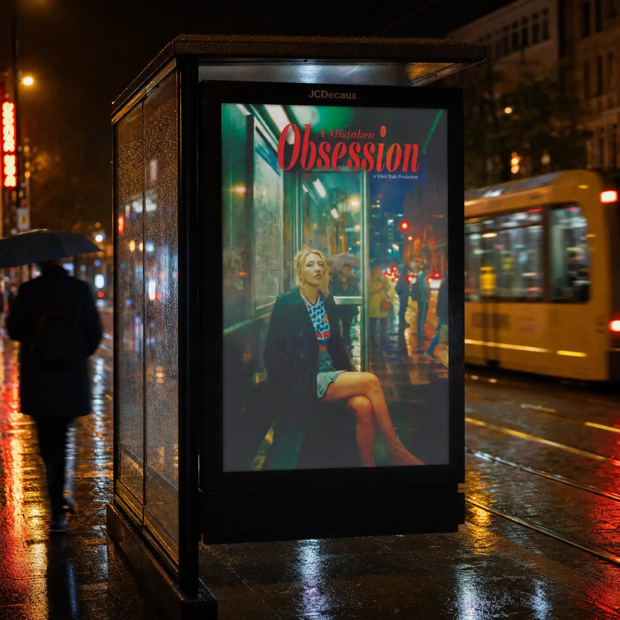 Backlit A Mistaken Obsession poster in a bus shelter on a wet night