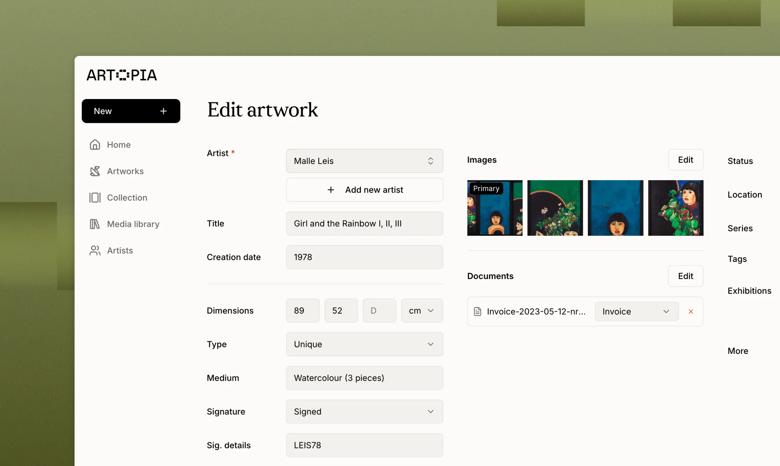Artwork entry with input fields for entering artwork metadata in Artopia