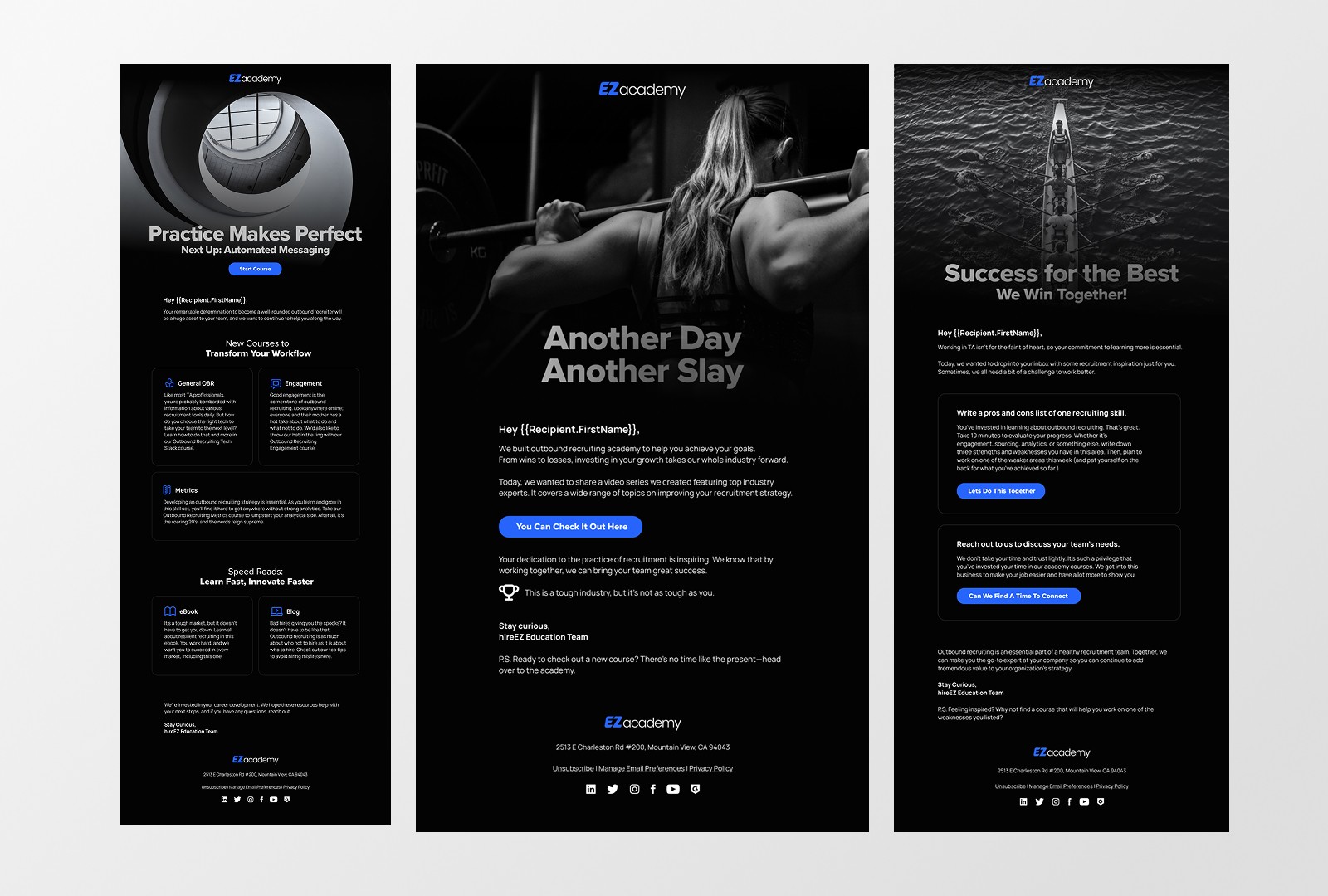 HireEZ EZ Academy monthly newsletter in a three column grid
