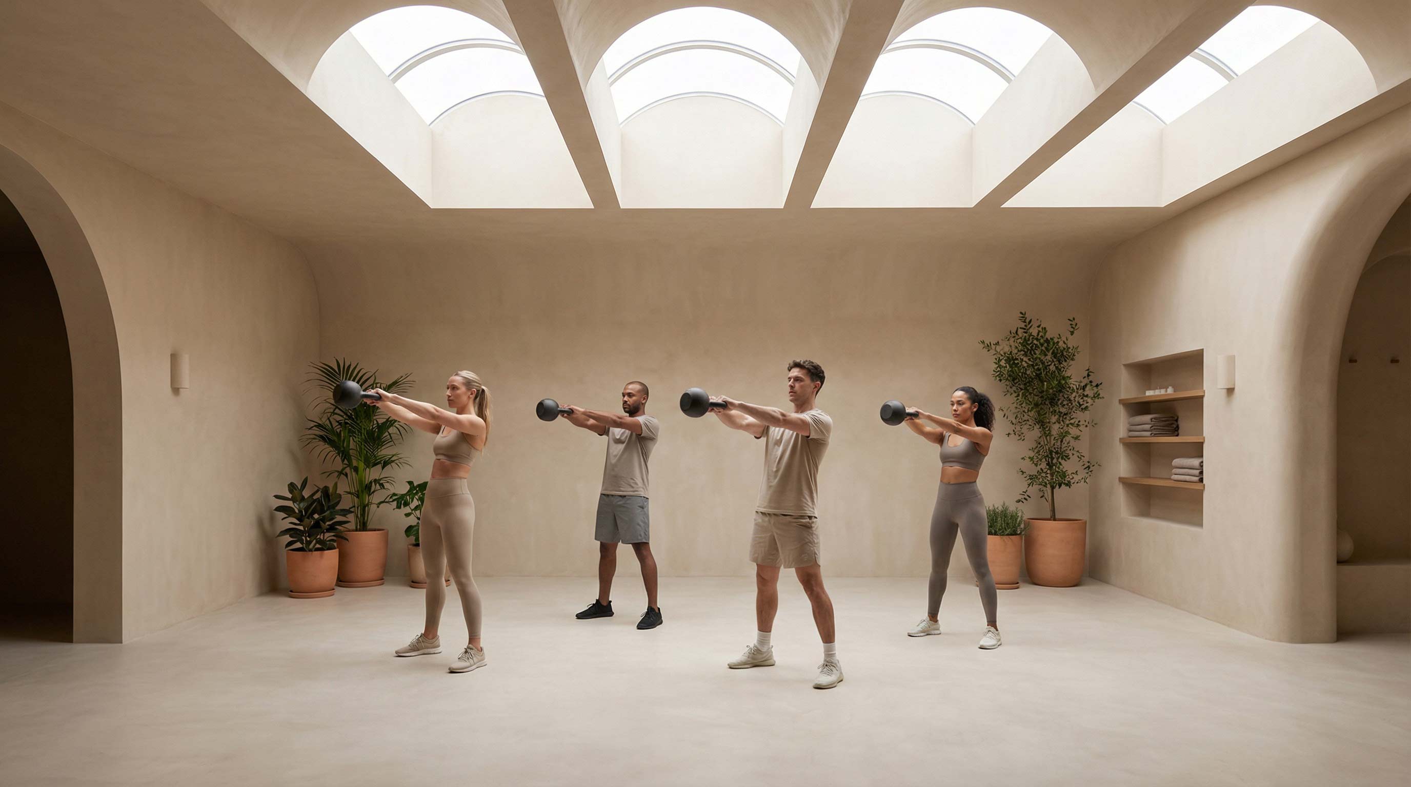 Gruppo di persone che esegue kettlebell swing sincronizzato in una boutique gym minimal.