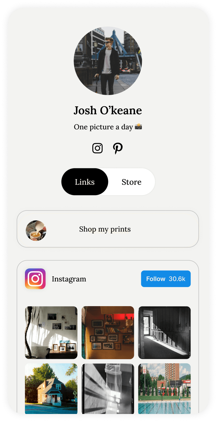 Photographer website builder template showing portfolio gallery and integrated shop