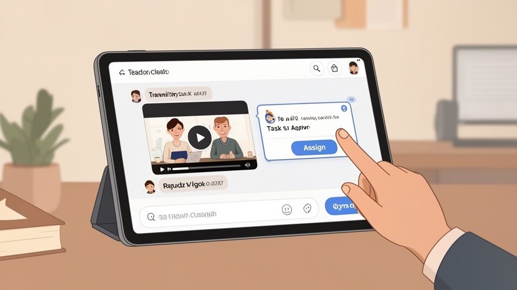 Hand tapping a tablet screen showing a training video and task assignment in a messaging app.