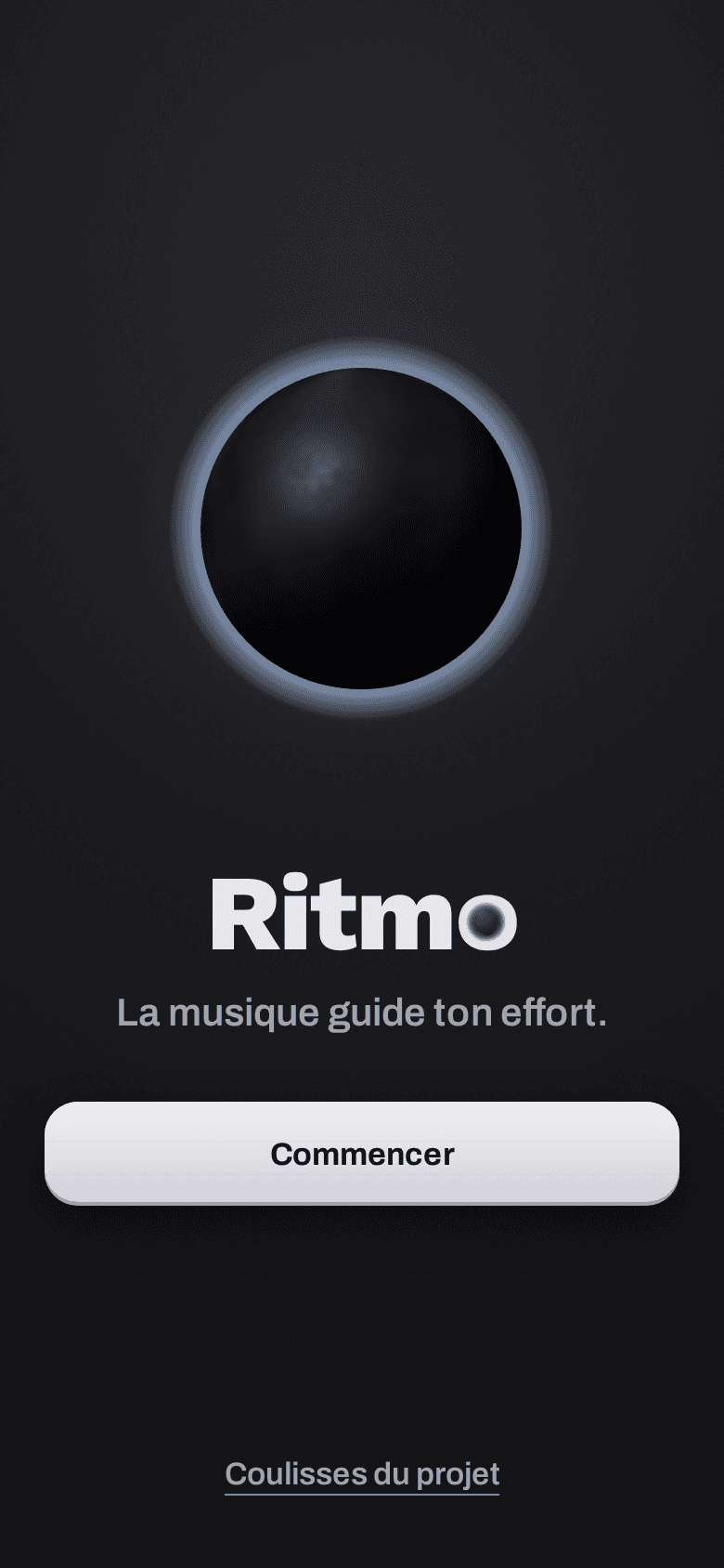 Ritmo welcome screen: a dark planet eclipsing a moon blue light, with the tagline "The music guides your effort".