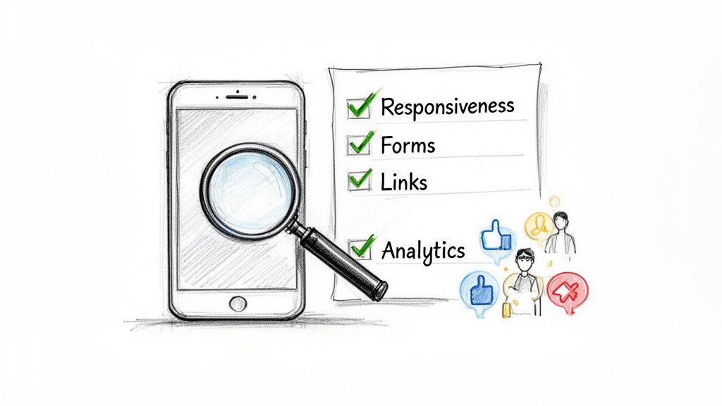 Mobile phone with magnifying glass checking responsive website design, forms, links, and analytics checklist.
