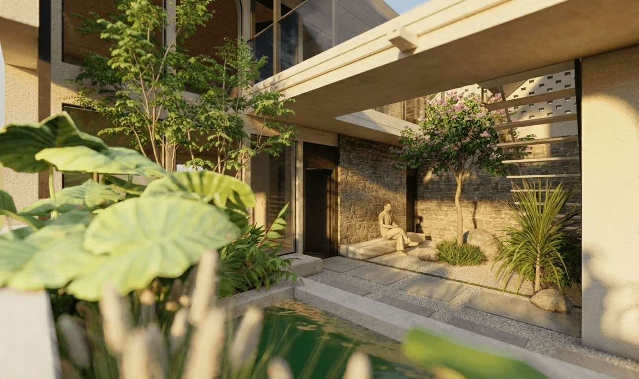 Layered sanctuary: A floating walkway bridges the upper levels, sheltering a secluded courtyard below where rough stone walls meet soft tropical greenery.