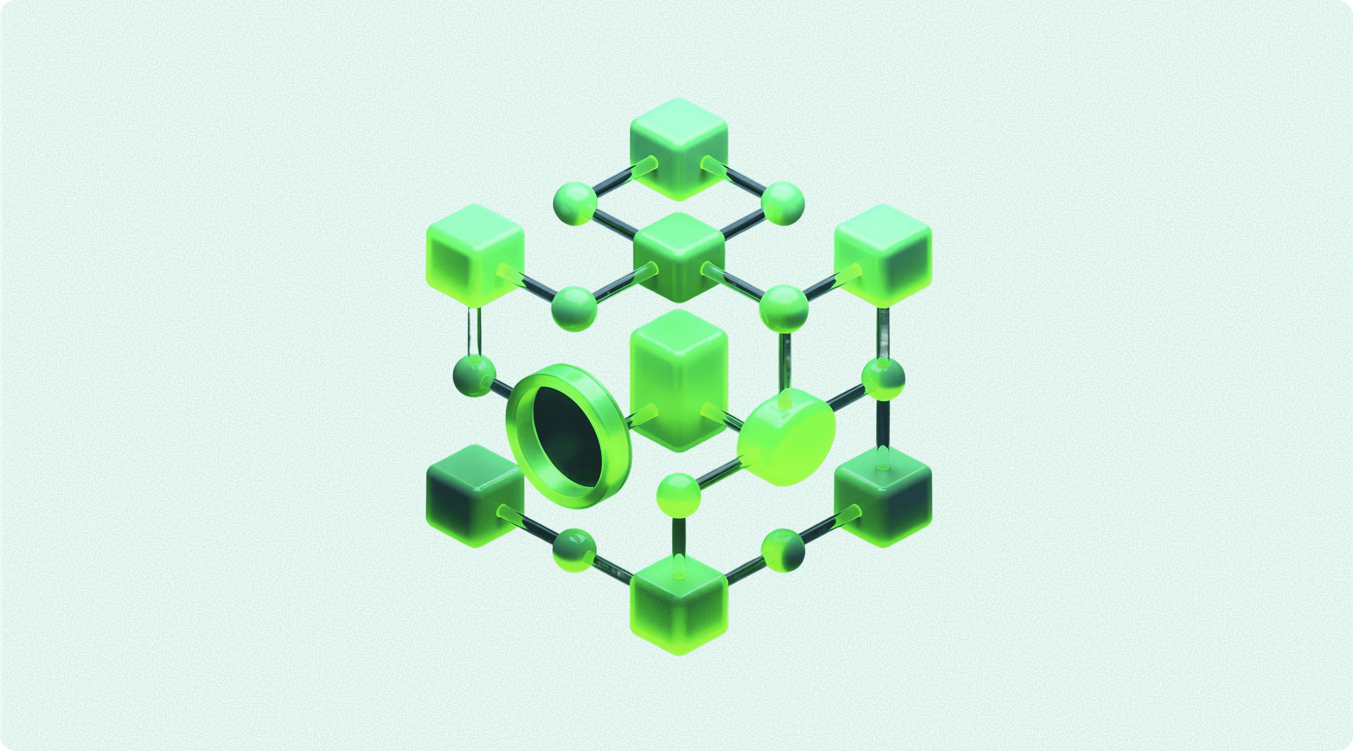 A 3D abstract network of green cubes and spheres.