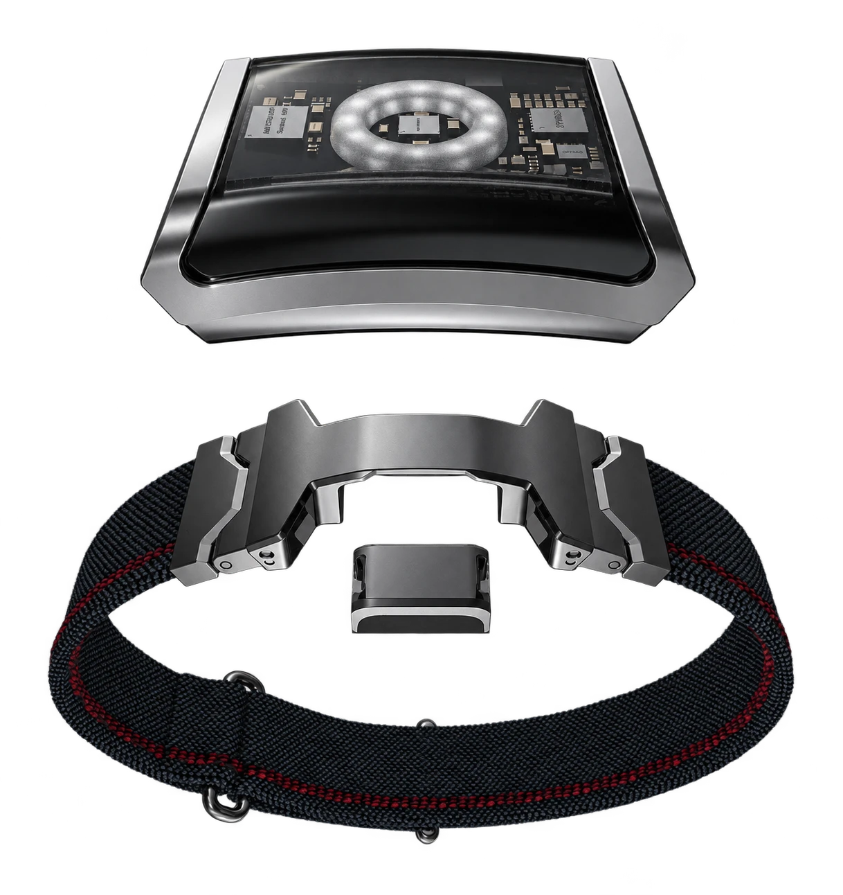 Exploded view of Halo above Cube and the band, showing the modular charging arrangement
