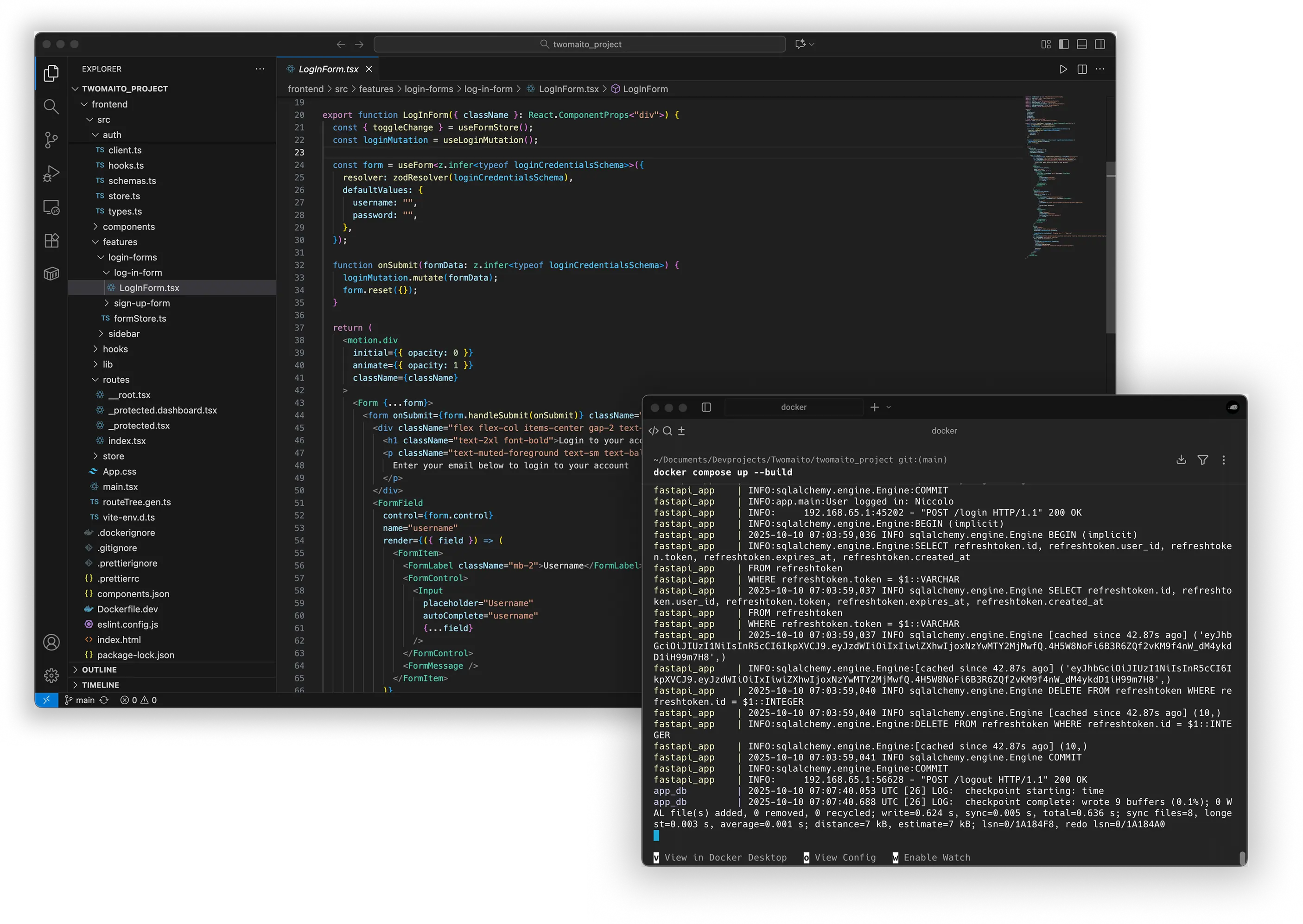 Alt text: Kodvy i VS Code med TypeScript/React‑fil öppen för ett login‑formulär; framför fönstret ligger en terminal med Docker‑loggar som visar API‑anrop och databasmeddelanden.