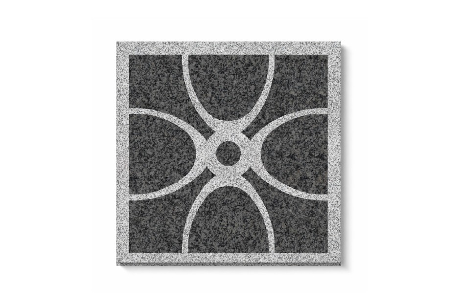 Phoenix stone tile with circular geometric pattern design in textured grey surface for outdoor flooring