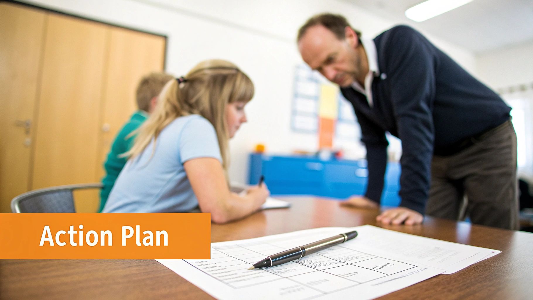 A teacher helps a student with an action plan document and pen on a wooden table.
