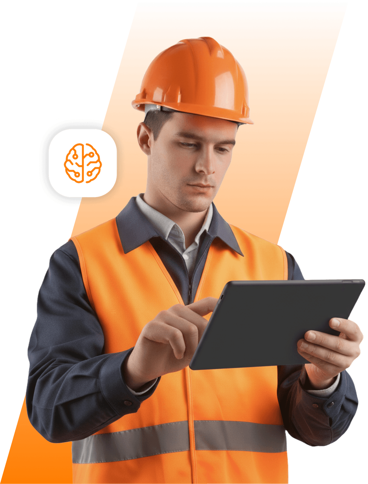 Trabalhador com capacete de segurança, mexendo no telefone, com símbolos do sistema Geequip ao redor