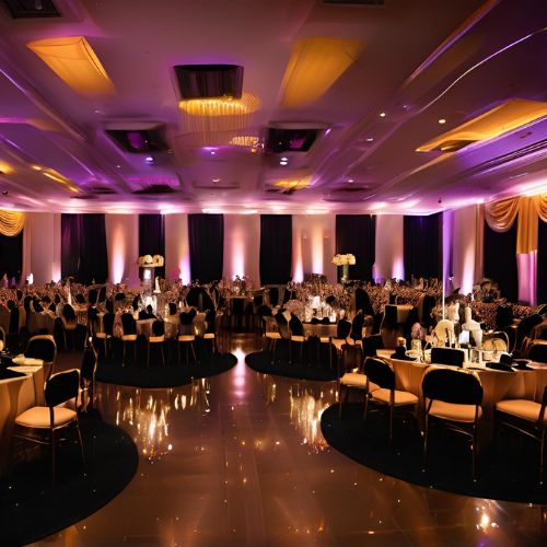 An elegant, empty banquet room ready for a wedding celebration, with soft, colorful lighting illuminating the tables and beautiful floral centerpieces, creating a serene and inviting atmosphere.