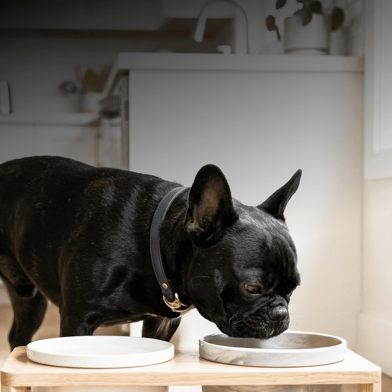 Small dog eating food from a shallow bowl, portion-sized for small-breed feeding