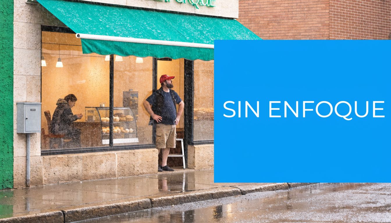 Un hombre observa a través de la ventana de una panadería durante una tormenta de lluvia torrencial.