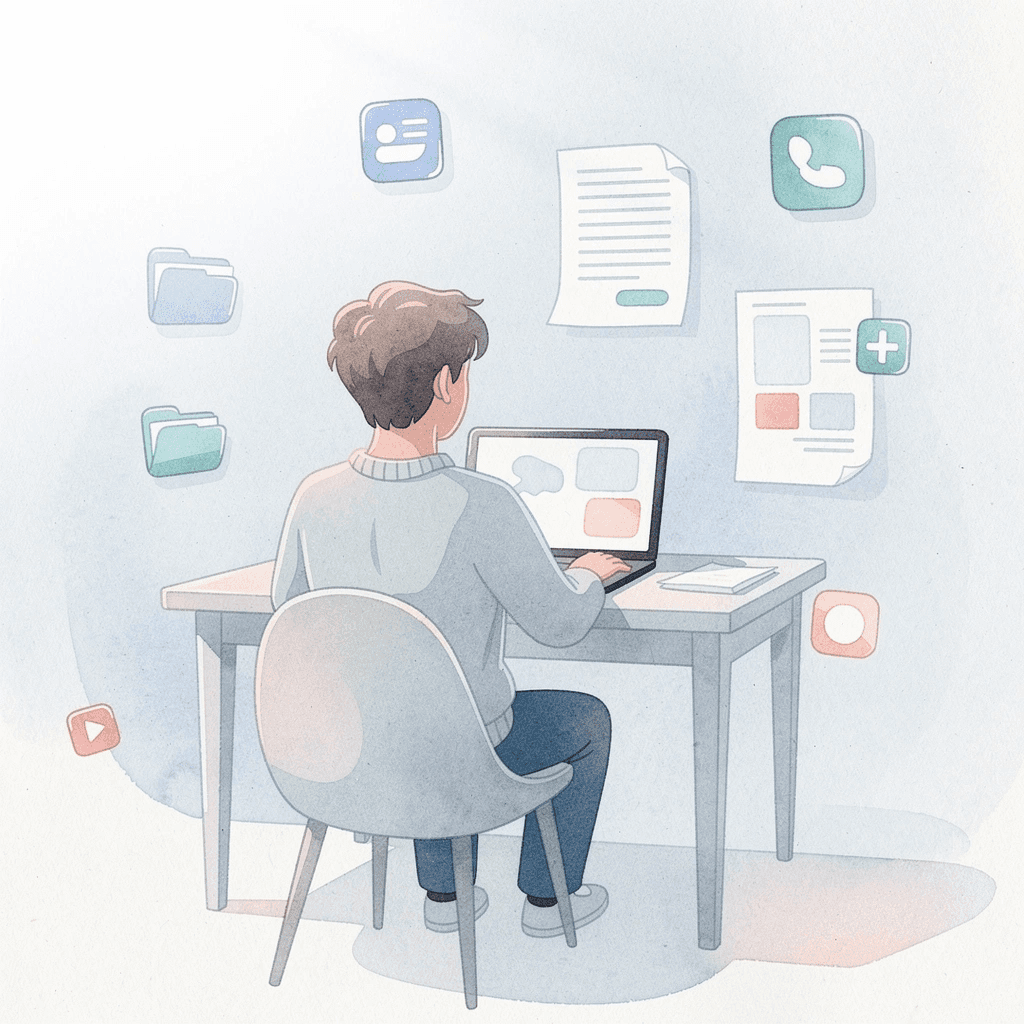 Illustration of a remote worker at their home desk surrounded by work-from-home swag items