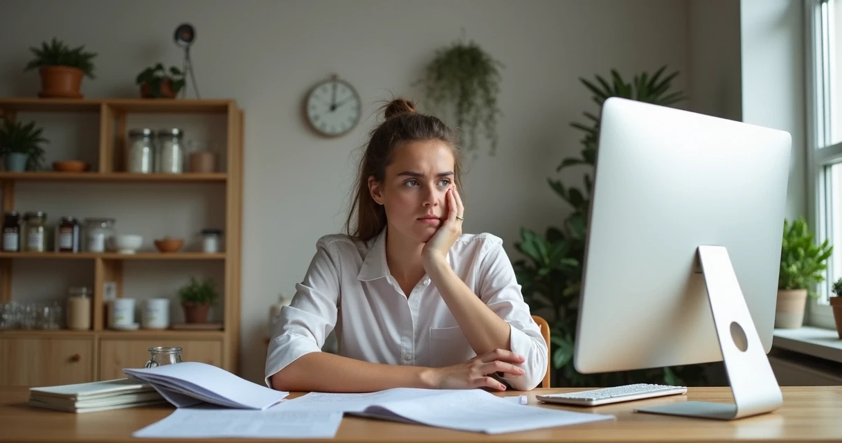 Nutricionista em consultório, sentada diante do computador com postura levemente desconfortável, papéis na mesa, cenário de início de atendimento. 
