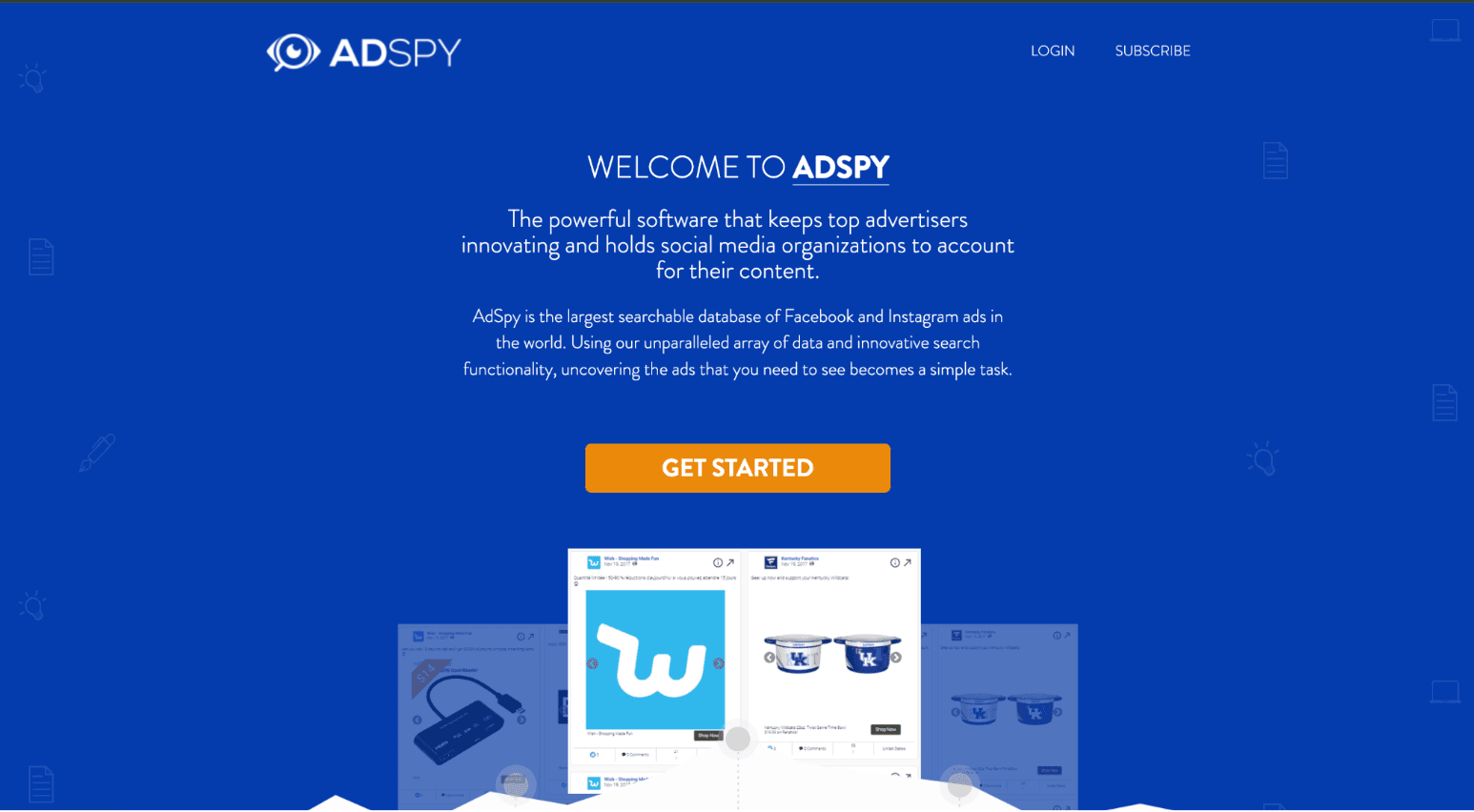 AdSpy homepage dashboard for researching and analyzing Facebook and Instagram ads