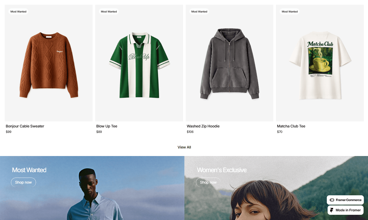 Product grid section showing four jackets and sweaters in orange, green, gray, and white on a dark background.
