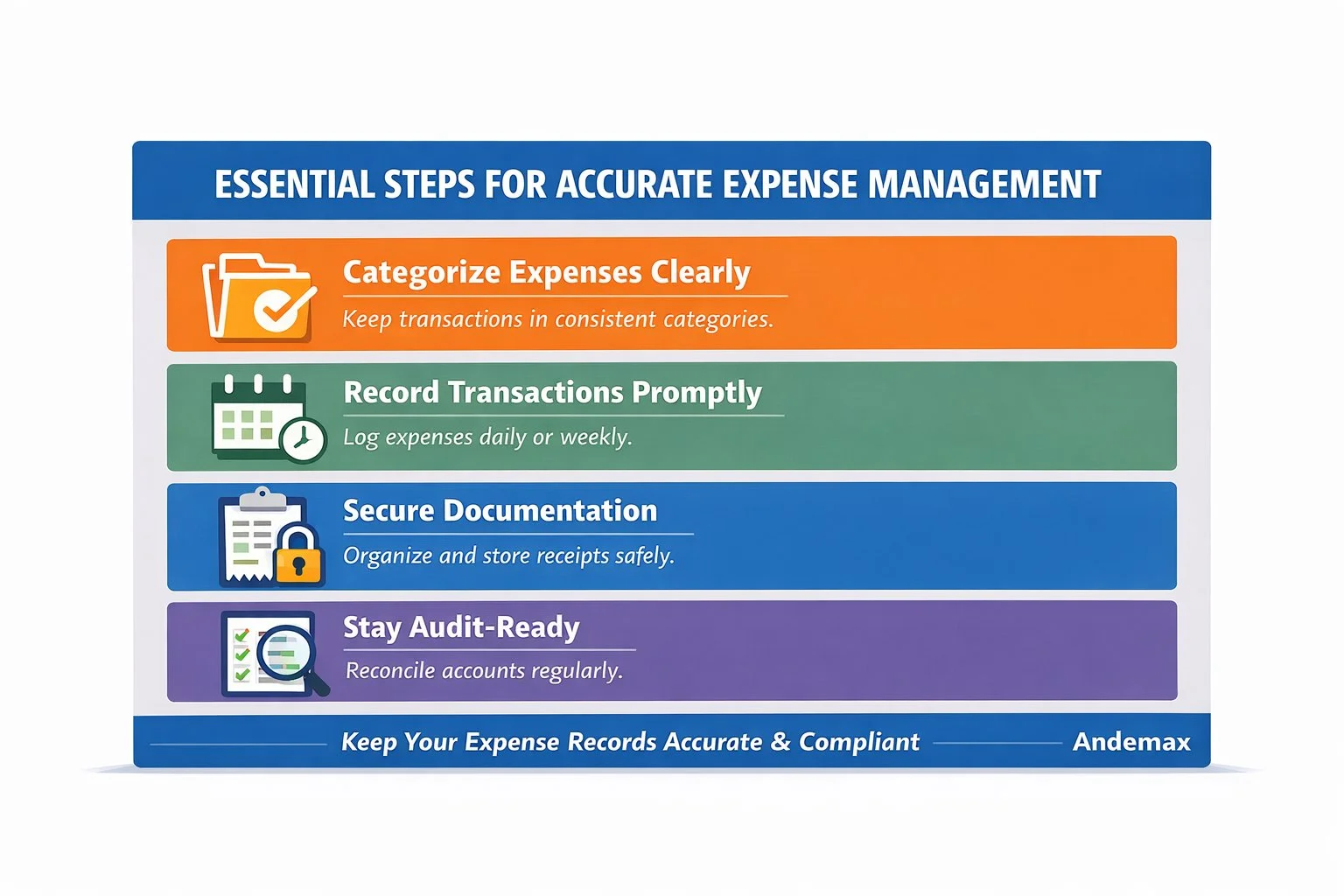 Steps for expense records for businesses in Great Neck Estates NY: categorize, track, secure receipts, and audit regularly.