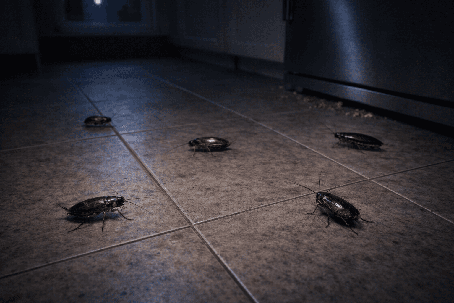  Infestation de cafards sur un carrelage dans une cuisine