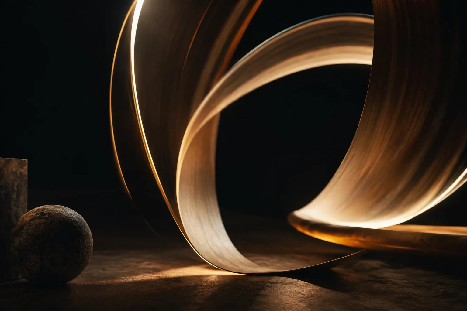 Original abstract long-exposure light sculpture: amber and cream curves sweeping through a near-black field, elegant restrained motion design
