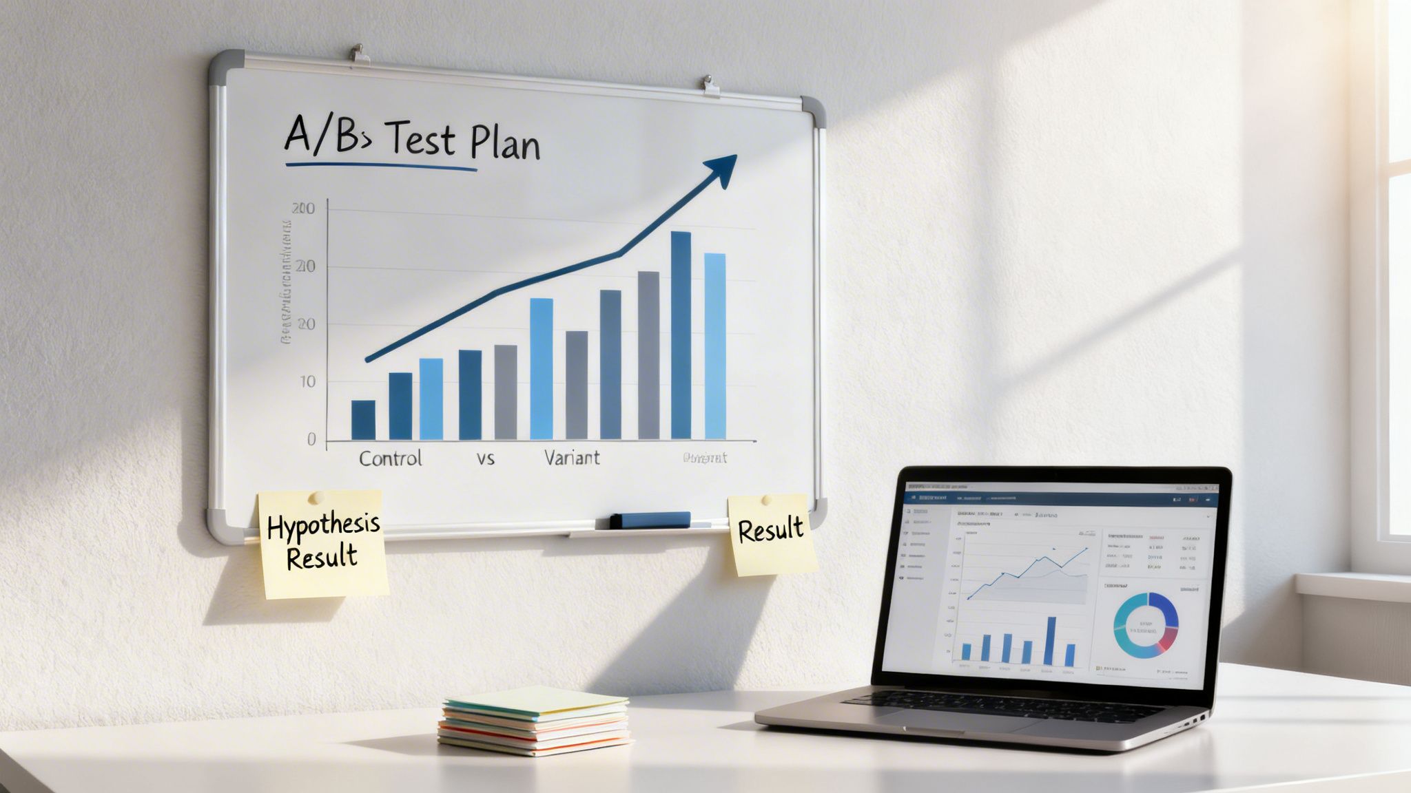 Whiteboard showing an A/B test plan with control and variant data, next to a laptop with analytics.