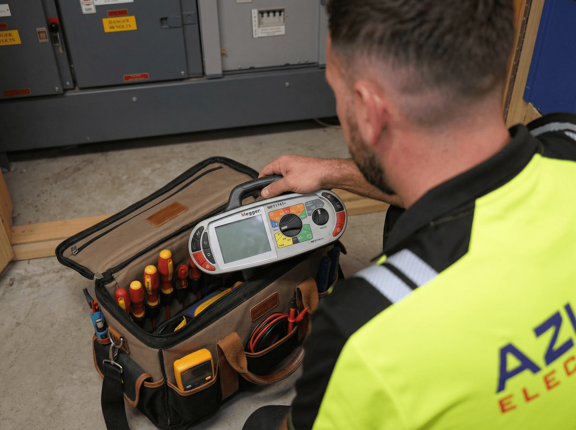 Azure electrical team taking the EICR tool out fo the tool bag
