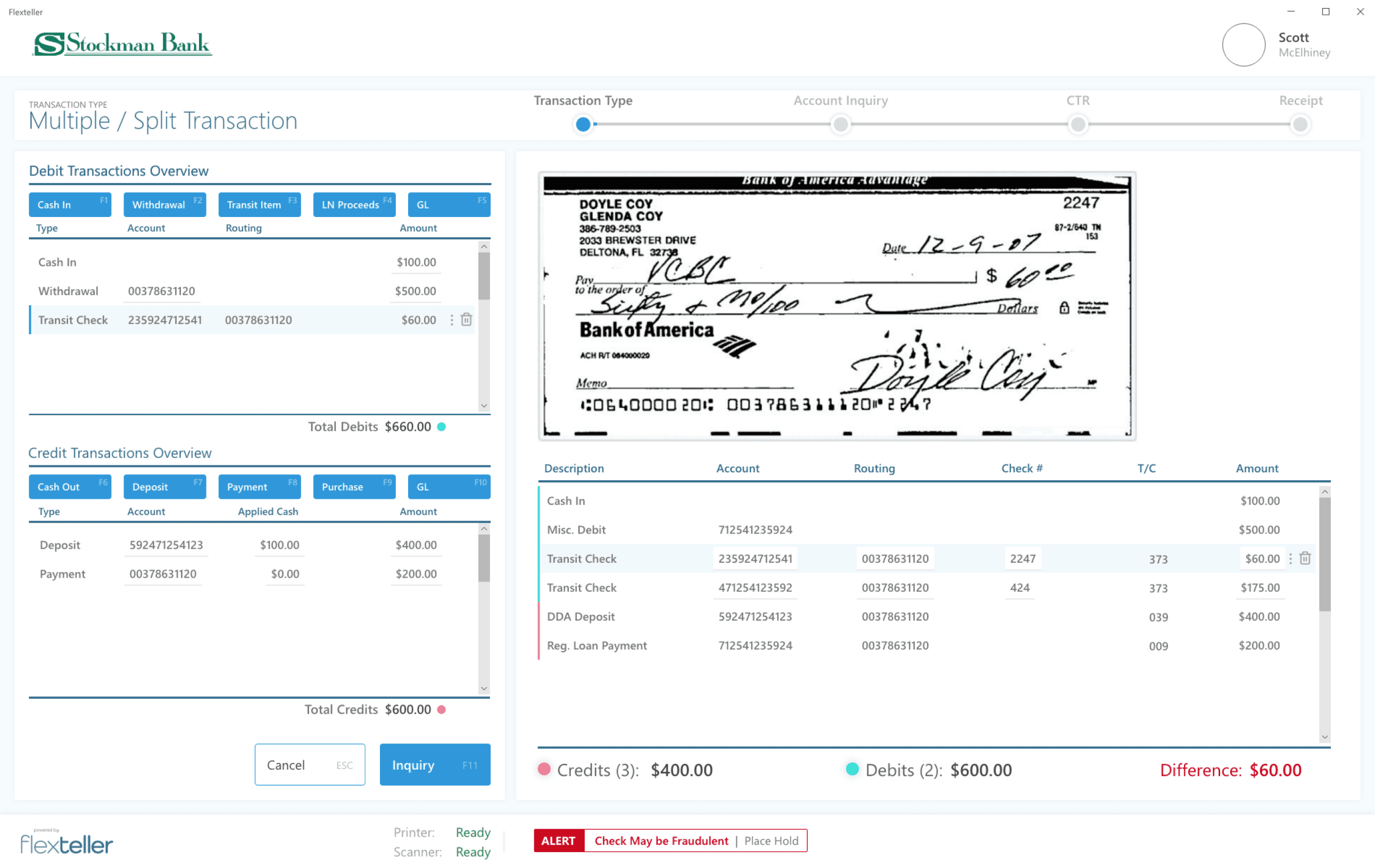 UI design for a bank teller app's transaction screen.