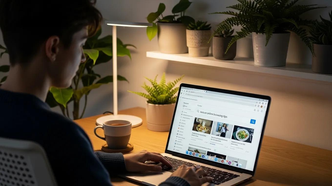 Person using a laptop in a cozy workspace, emphasizing secure and private browsing experience