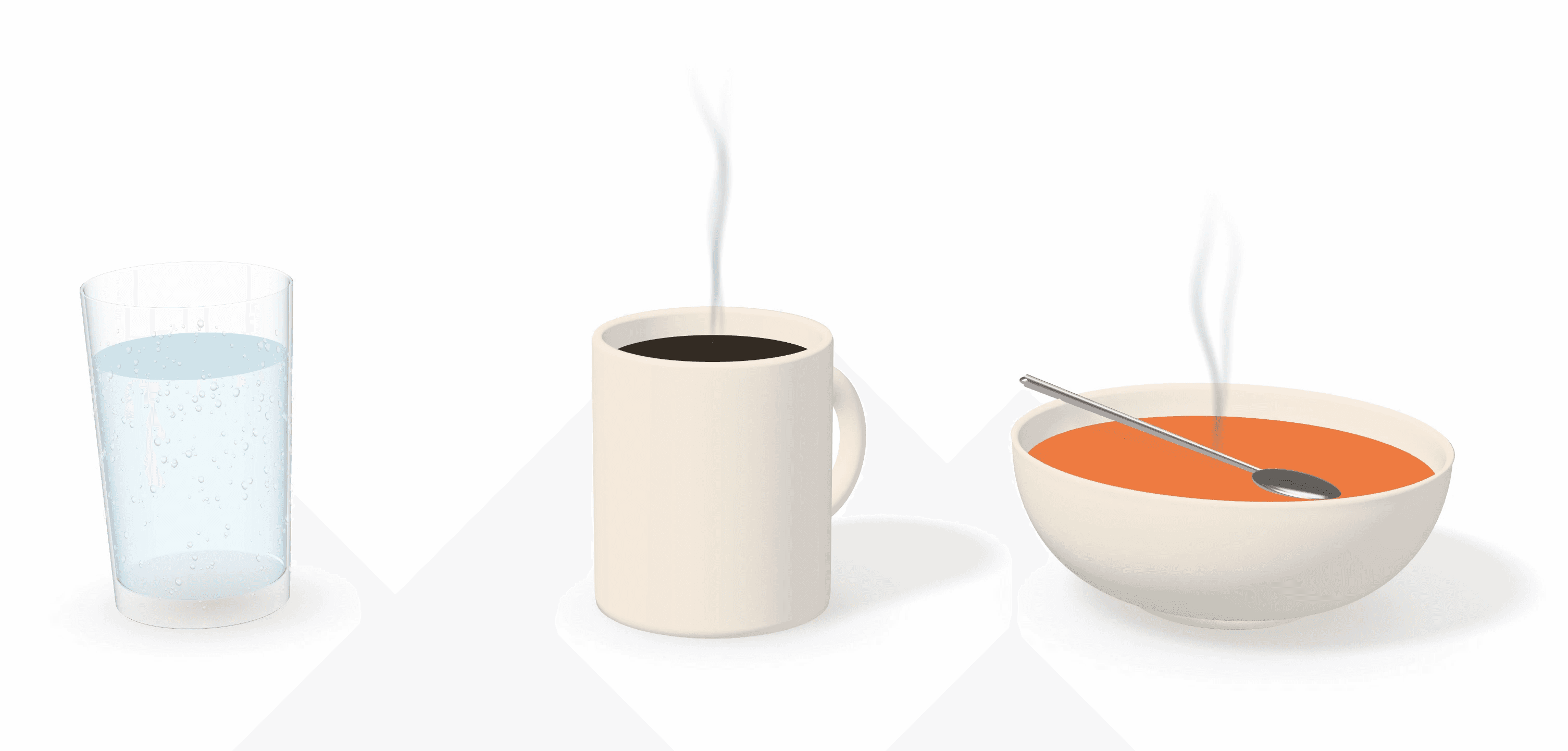 Three items side by side on a white background: a glass of clear water with bubbles, a steaming white mug of black coffee, and a steaming bowl of orange soup with a spoon resting in it.