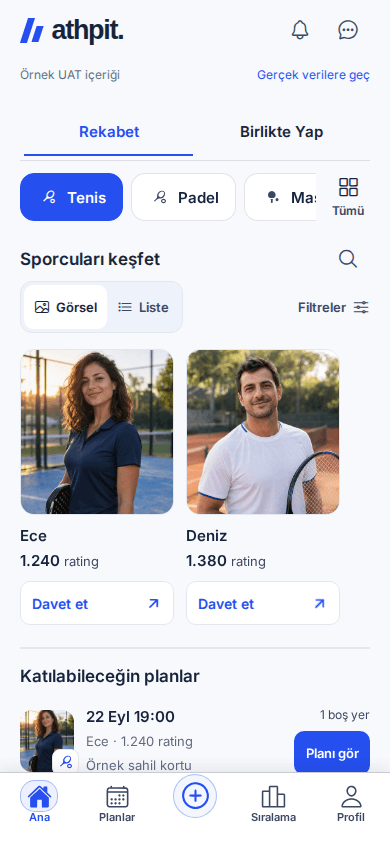 ATHPIT keşfet ekranında fotoğraflı sporcu profilleri, rating ve davet et aksiyonu