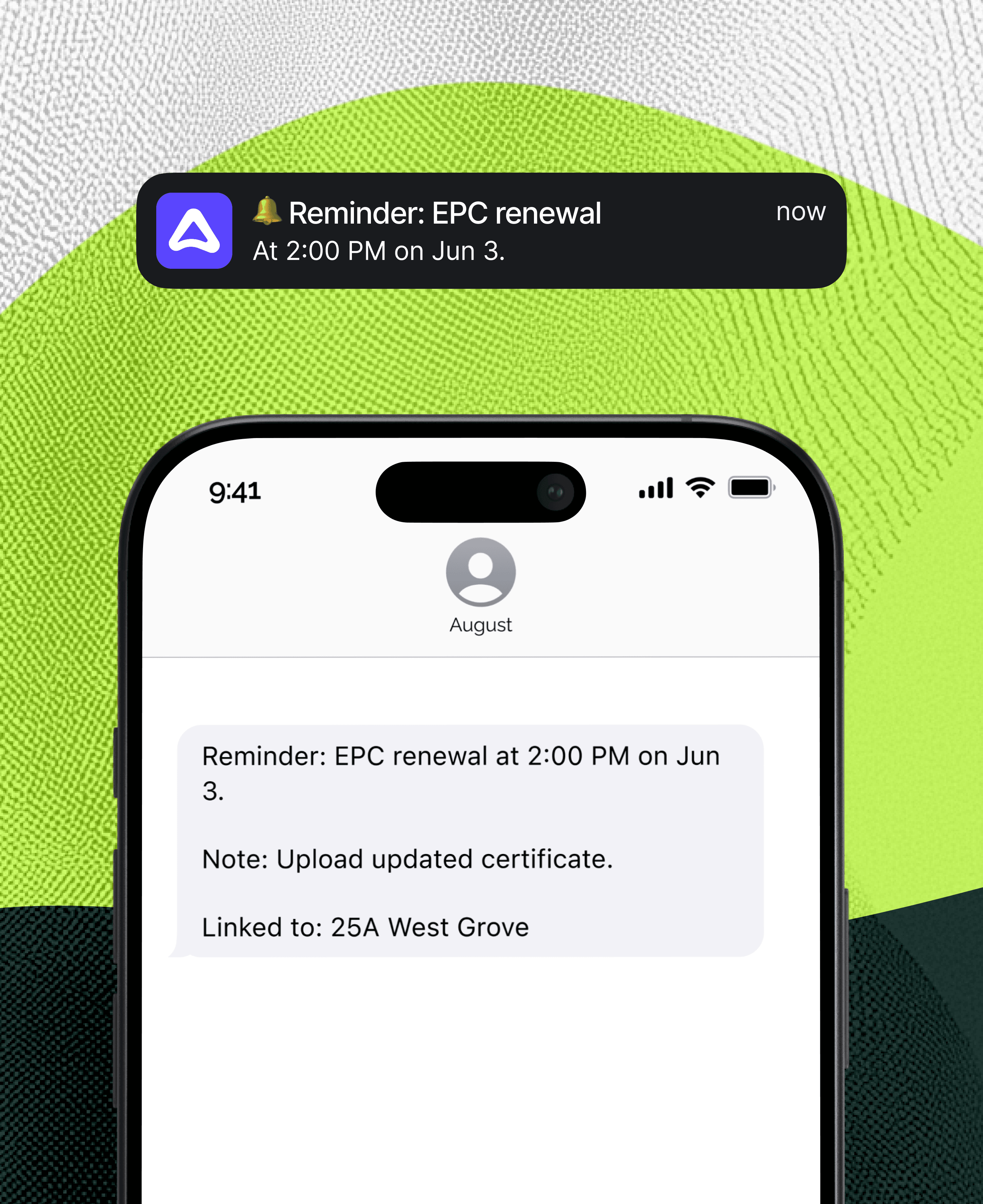 August EPC renewal reminder notification on iPhone — landlord compliance app