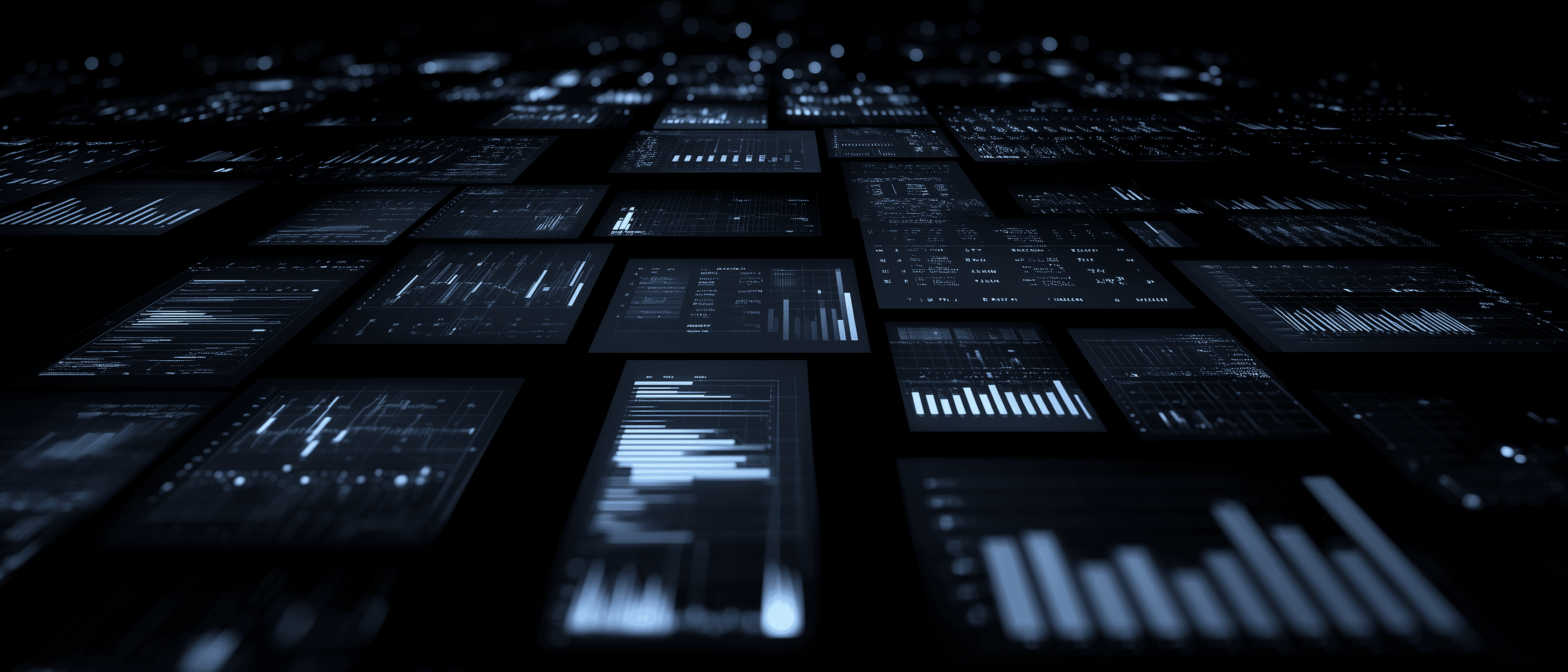Dark digital landscape of glowing dashboard panels and analytics screens stretching into the distance, representing governed rate optimization APIs for enterprise cost and service decision-making.