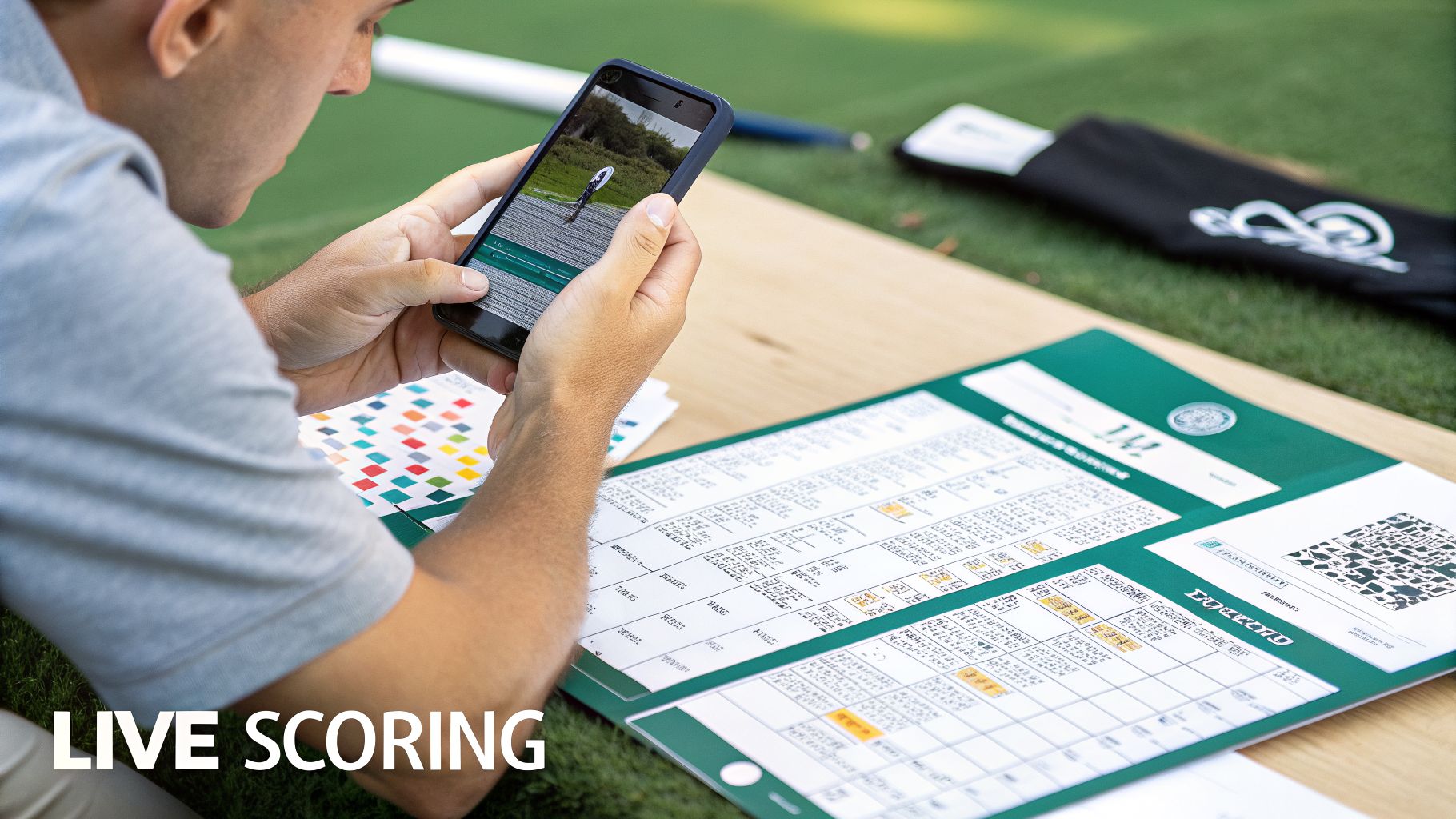 Man checking live golf scores on a smartphone next to a physical scorecard and colorful papers.