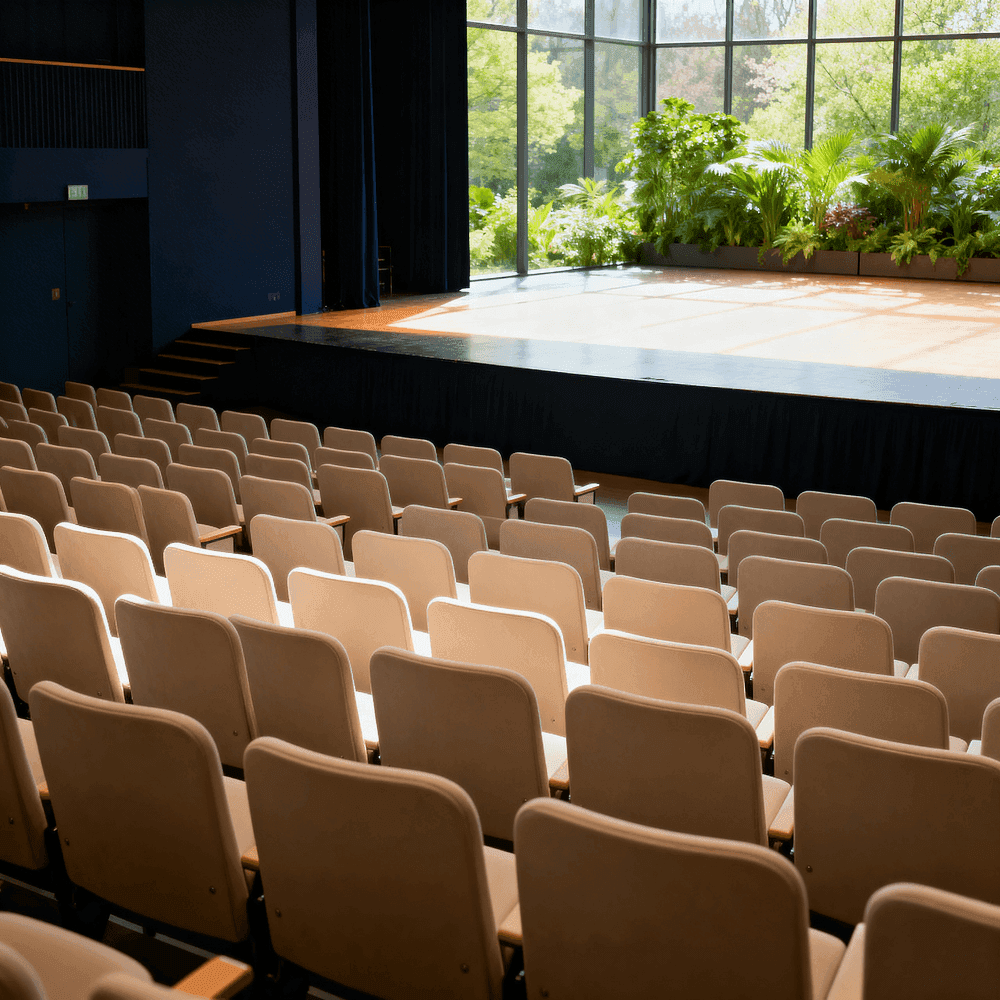 Auditório vazio com fileiras de cadeiras voltadas para um palco, representando o ambiente de formações e treinamentos.