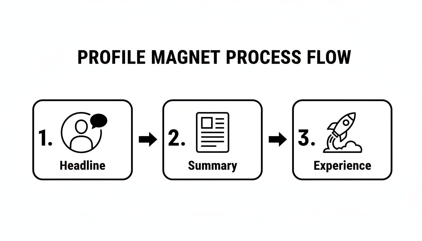 A profile magnet process flow showing three steps: Headline, Summary, and Experience, with icons.