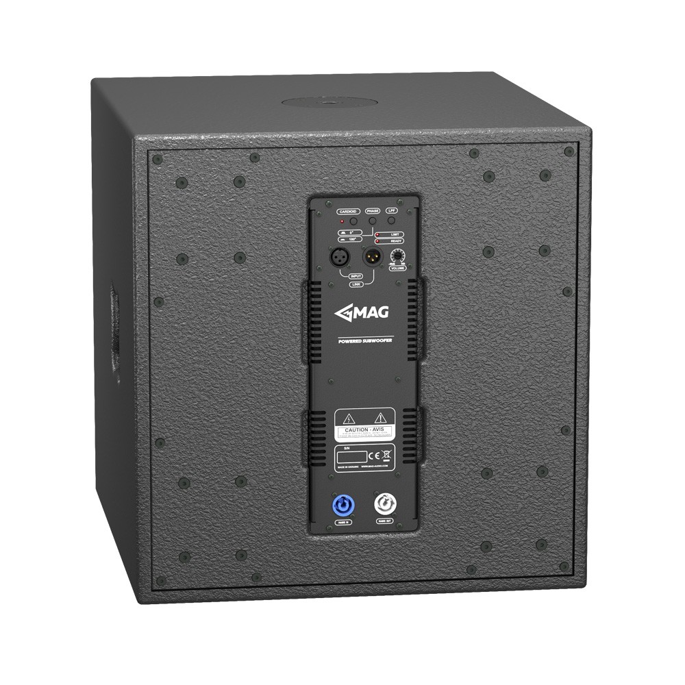 Black MAG powered subwoofer with rear panel controls.