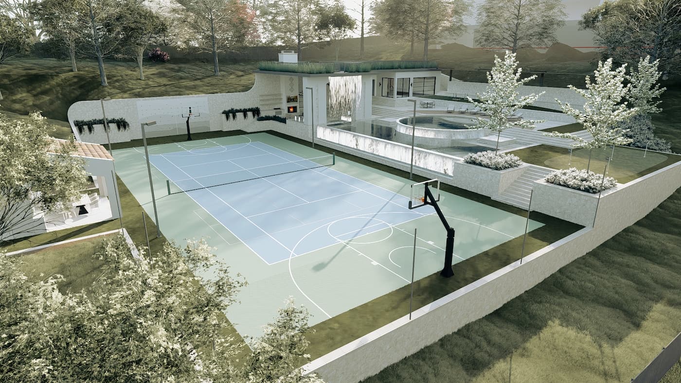 Multi Sports Court neighbouring luxury pool and water features