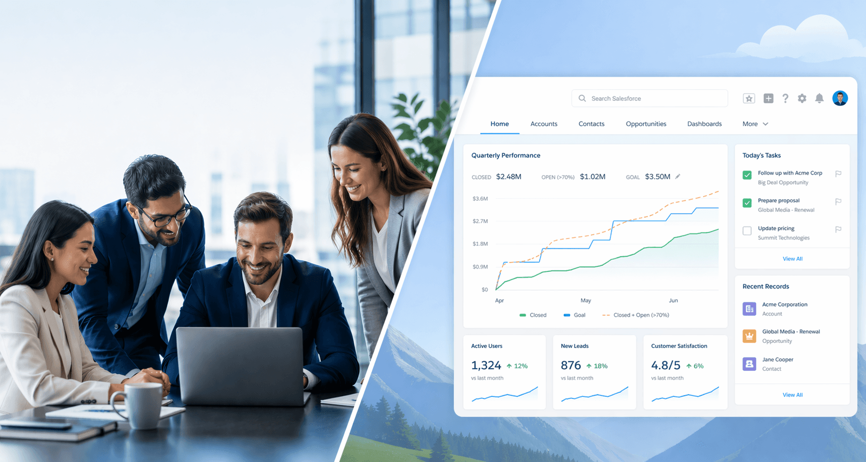 Modern indoor space with large glass doors, lush greenery, and a cozy seating area visible beyond.